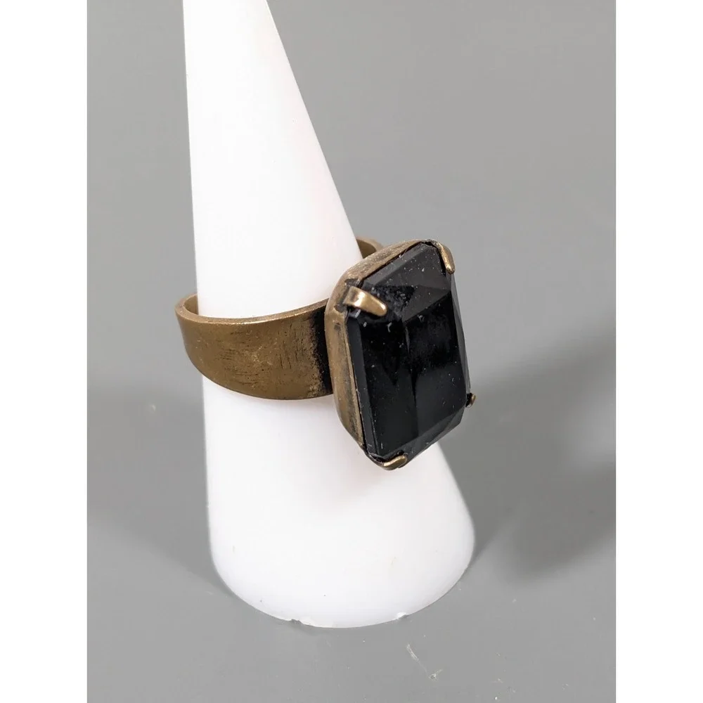 Bronze Tone Black Glass‎ Cocktail Ring Size 7 Open Band Gothic